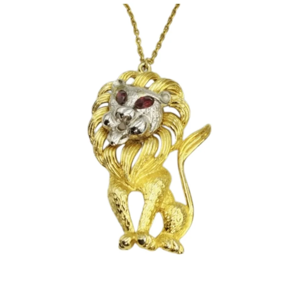 Gold & Silver Tone Lion Pendant Necklace w/ Red Eyes 28